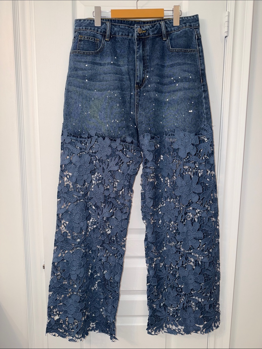 Micas Women’s Blue Denim Jeans with Crochet Lace Panels